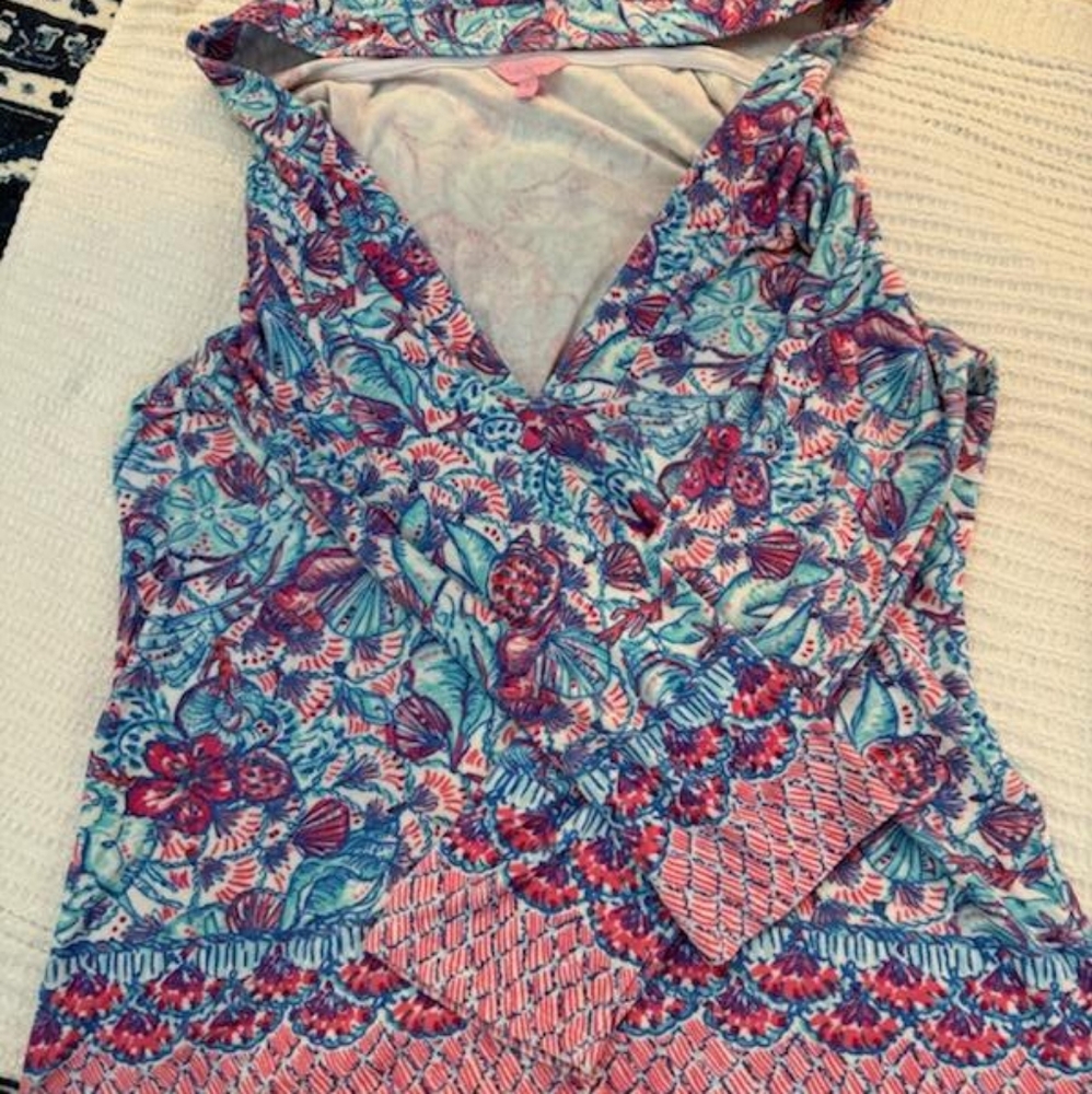 Lilly Pulitzer Pink and Blue Swim Coverup with Notched Collar